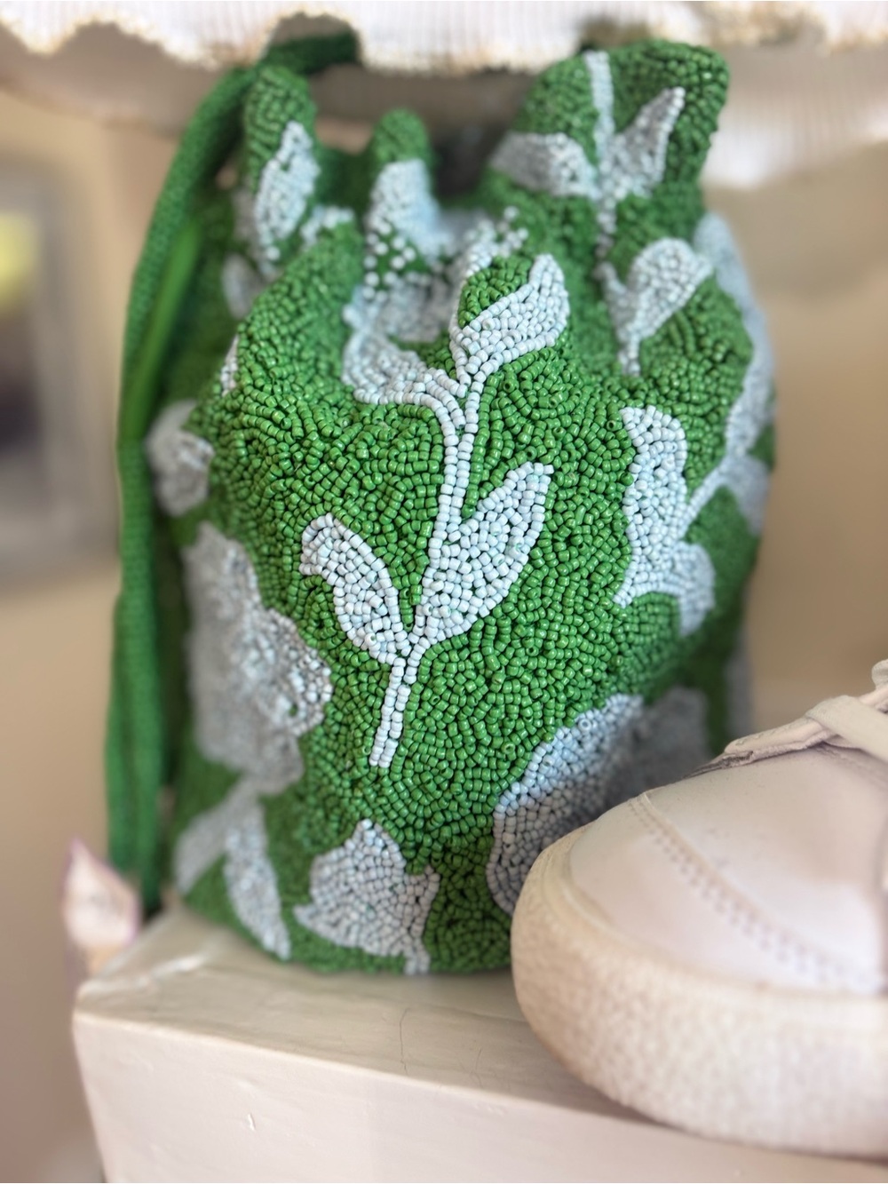 kate spade Green and White Beaded Floral Drawstring Mini Bucket Bag